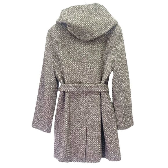 NEW Calvin Klein Tweed Belted Coat With Hood Tan Brown Cream Wool Size 12 NWOT - Picture 3 of 12